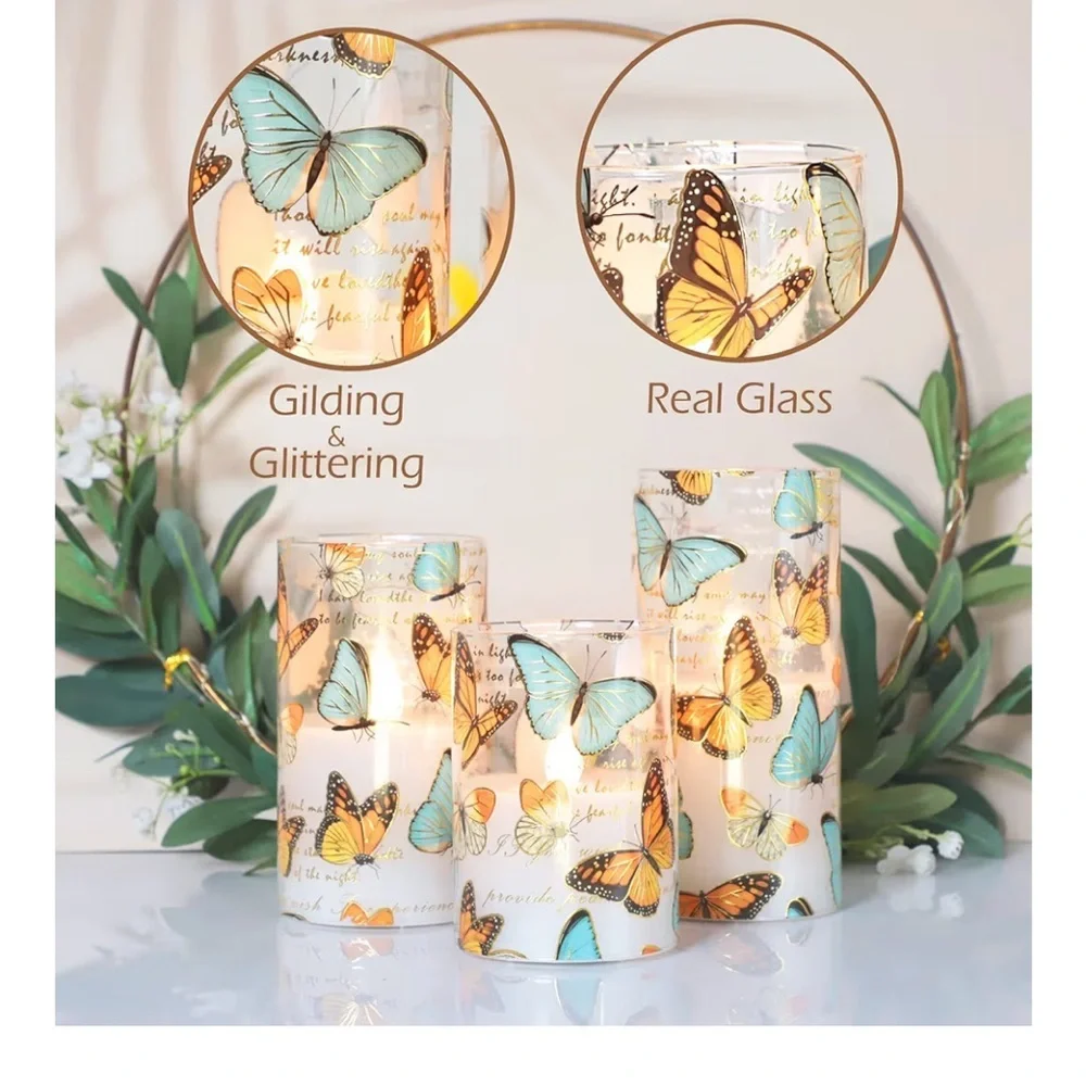 Crystal Club Glass Flameless Candles, Butterfly Decor Flickering Battery 009